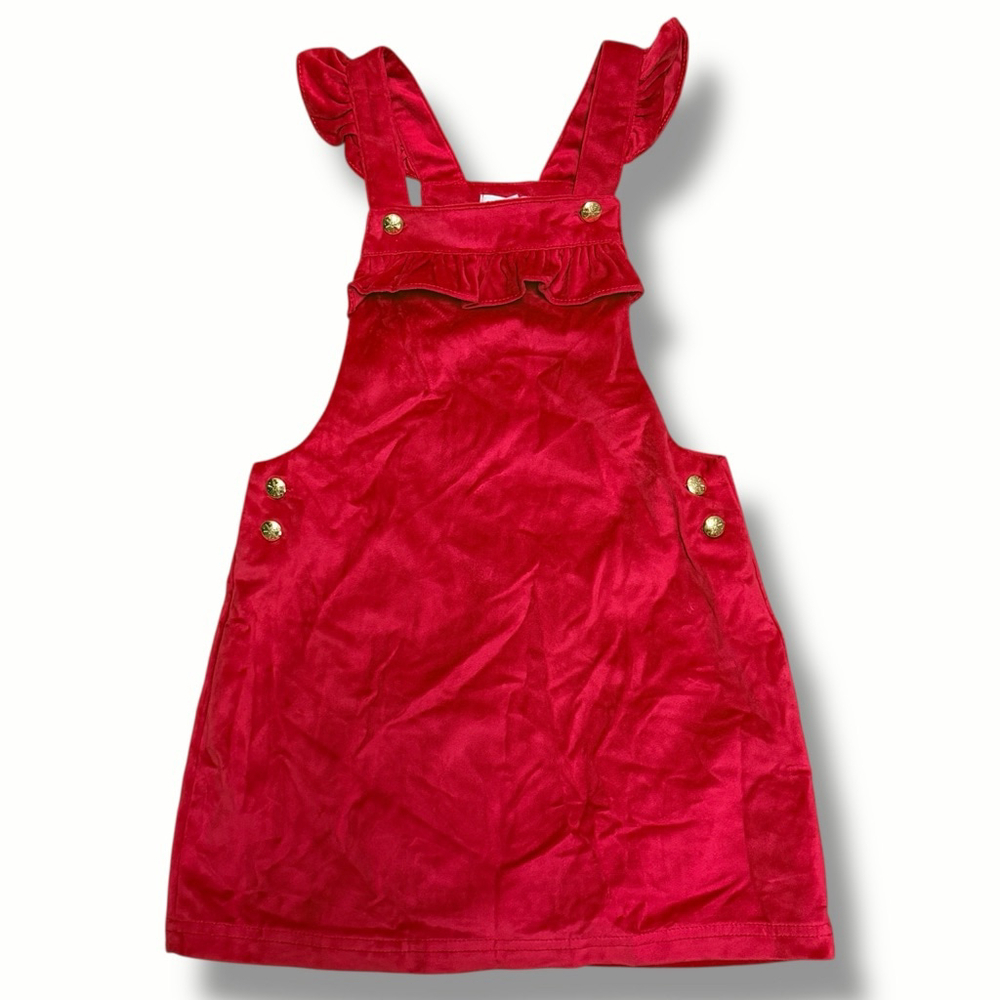 Tahari Girls Red Velvet Pinafore Dress Ruffle Jumper Holiday 6–7Y